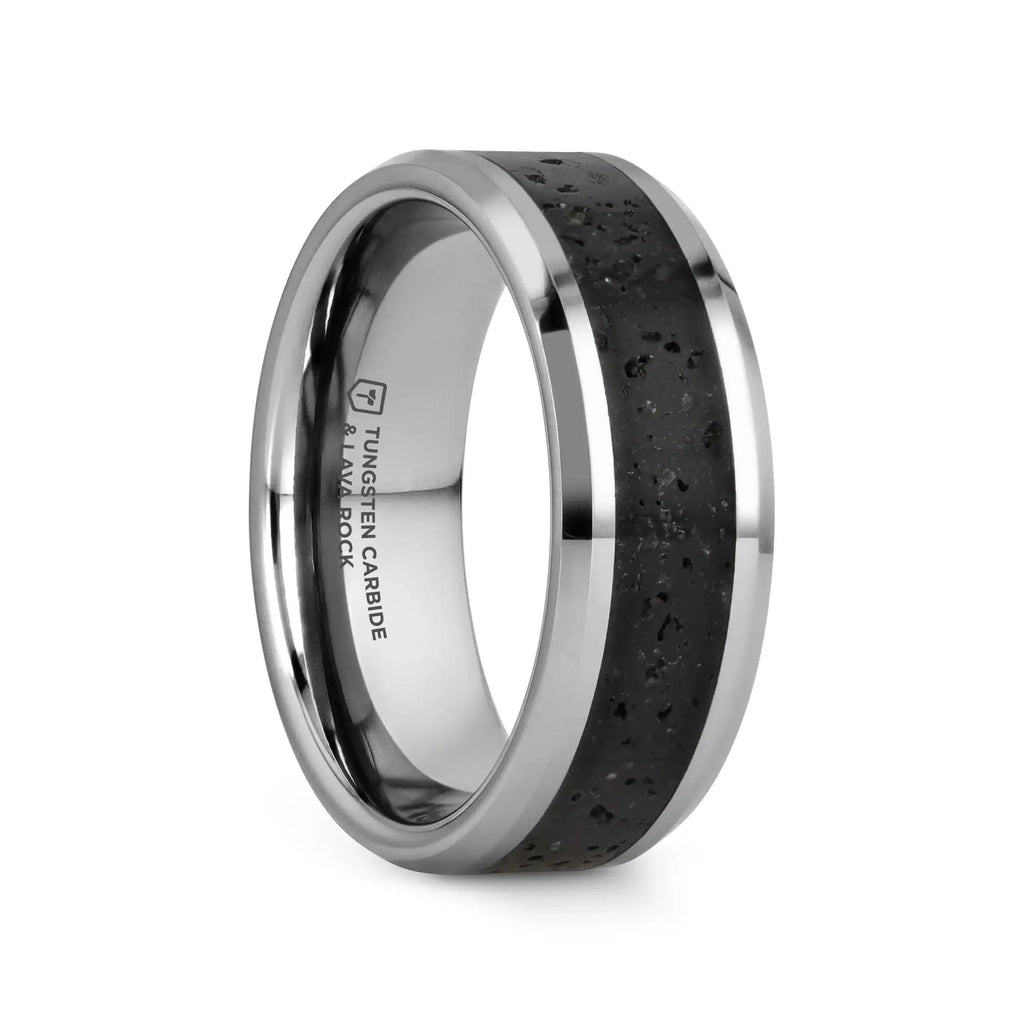 KILAUEA Men’s Polished Tungsten Wedding Band with Black & Gray Lava Rock Stone Inlay & Polished Beveled Edges - 8mm