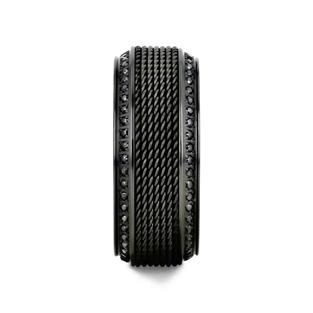 KNIGHT Steel Chain Black Titanium Wedding Ring Polished Beveled Edges Set with Round Black Diamonds - 10mm