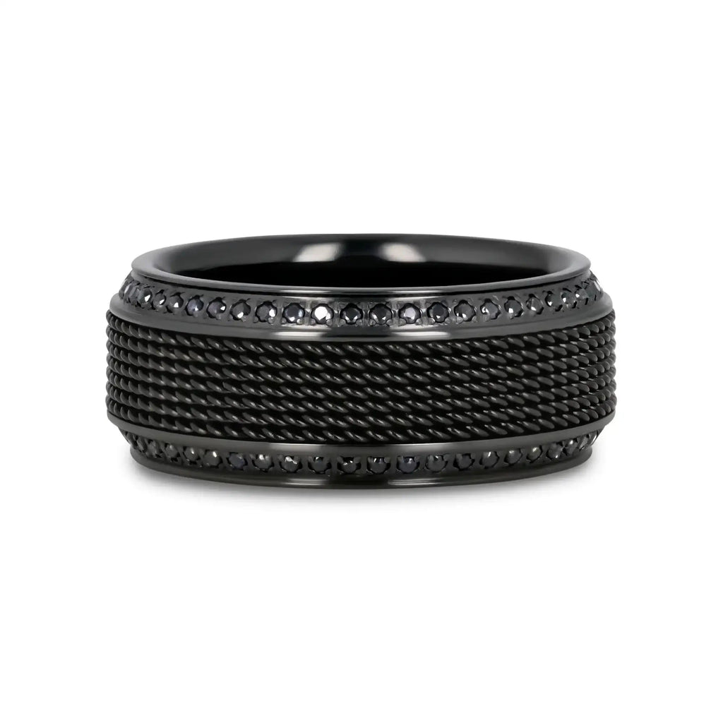 KNIGHT Steel Chain Black Titanium Wedding Ring Polished Beveled Edges Set with Round Black Diamonds - 10mm