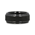 KNIGHT Steel Chain Black Titanium Wedding Ring Polished Beveled Edges Set with Round Black Diamonds - 10mm