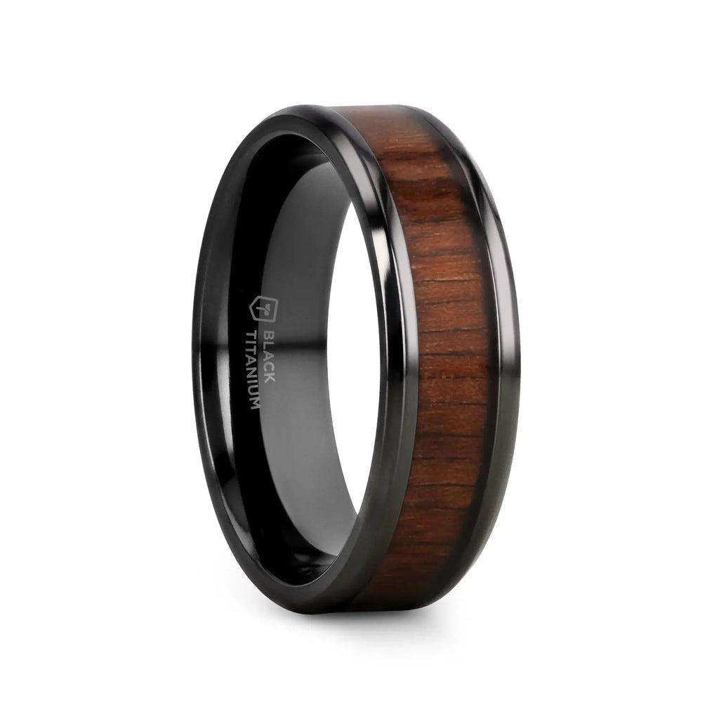 KONY Black Titanium Polished Beveled Edges Black Walnut Wood Inlaid Men’s Wedding Ring - 6mm & 8mm