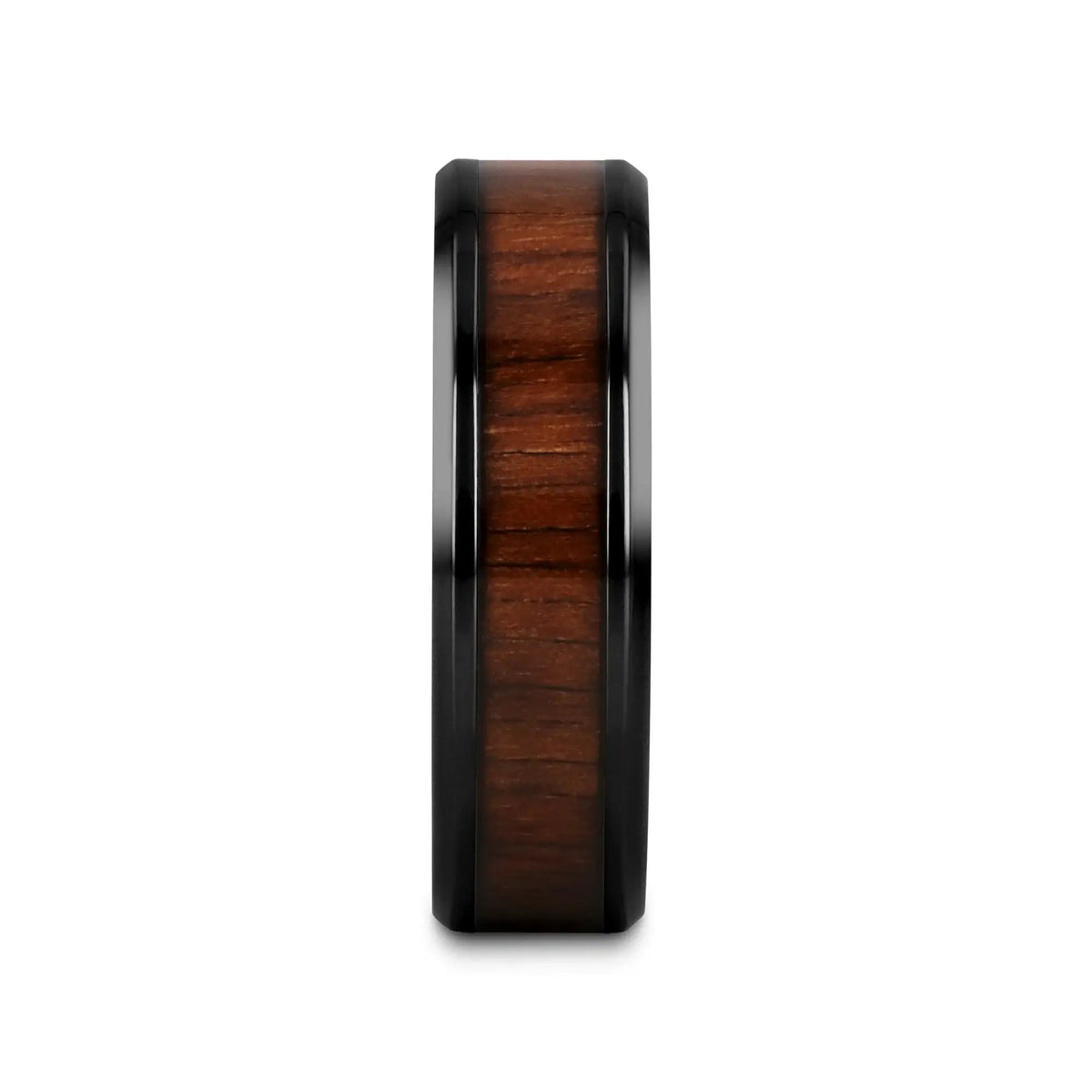 KONY Black Titanium Polished Beveled Edges Black Walnut Wood Inlaid Men’s Wedding Ring - 6mm & 8mm