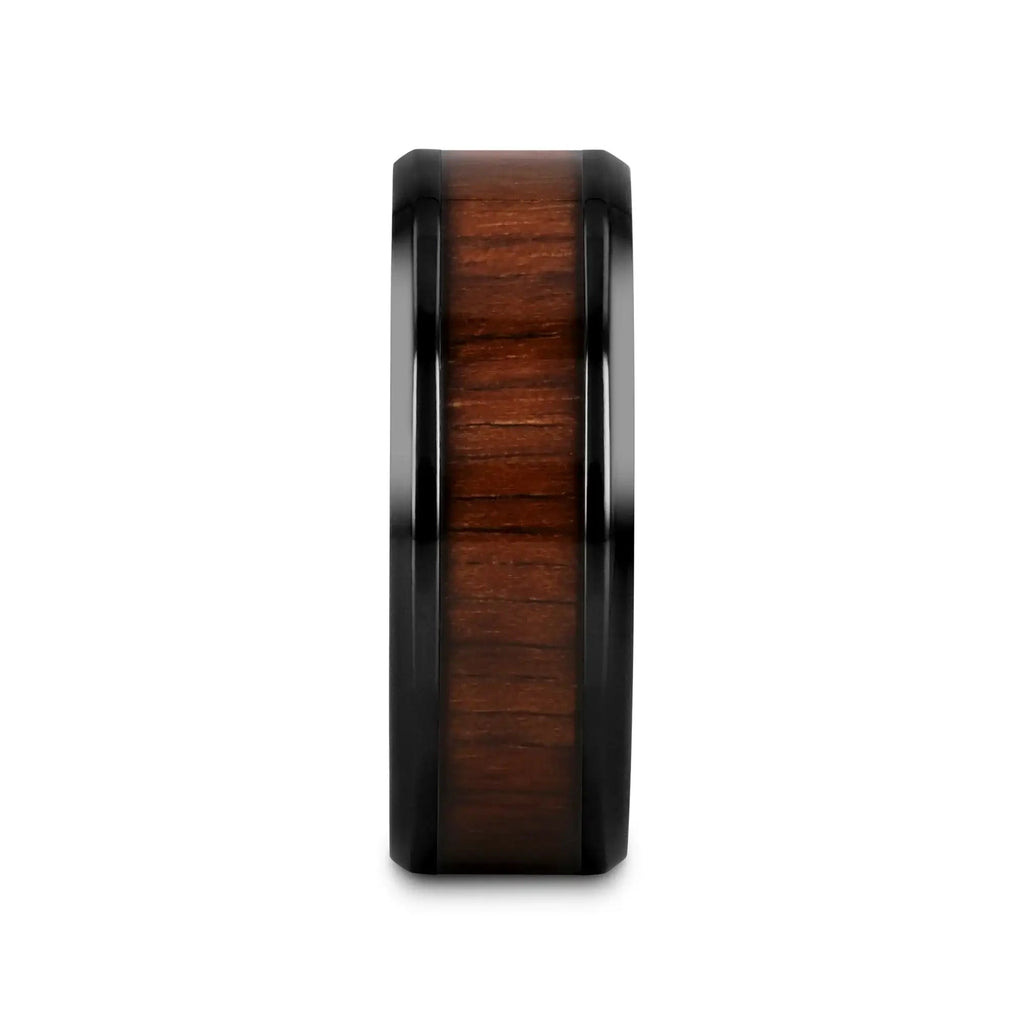 KONY Black Titanium Polished Beveled Edges Black Walnut Wood Inlaid Men’s Wedding Ring - 6mm & 8mm