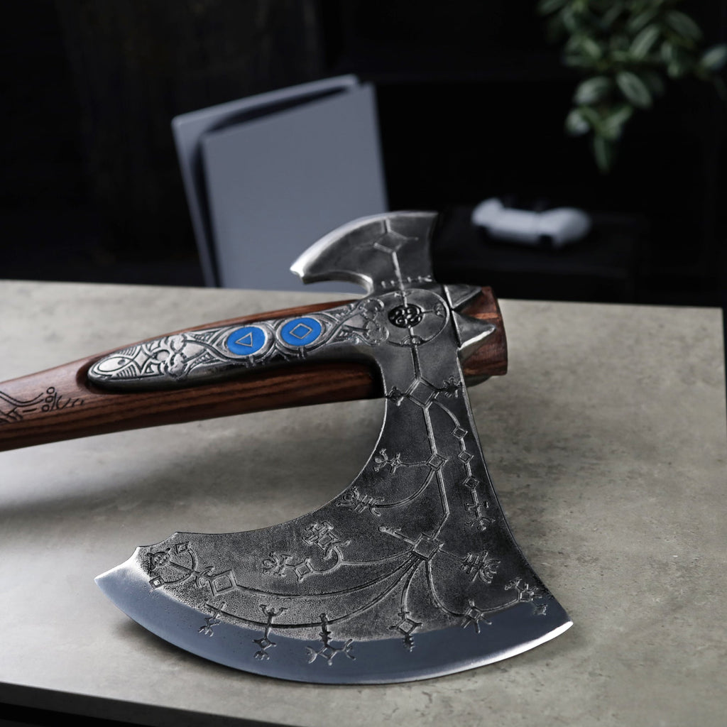 Hand-forged "Ragnarok Kratos axe" with carved handle and Glow-in-the-Dark Runes
