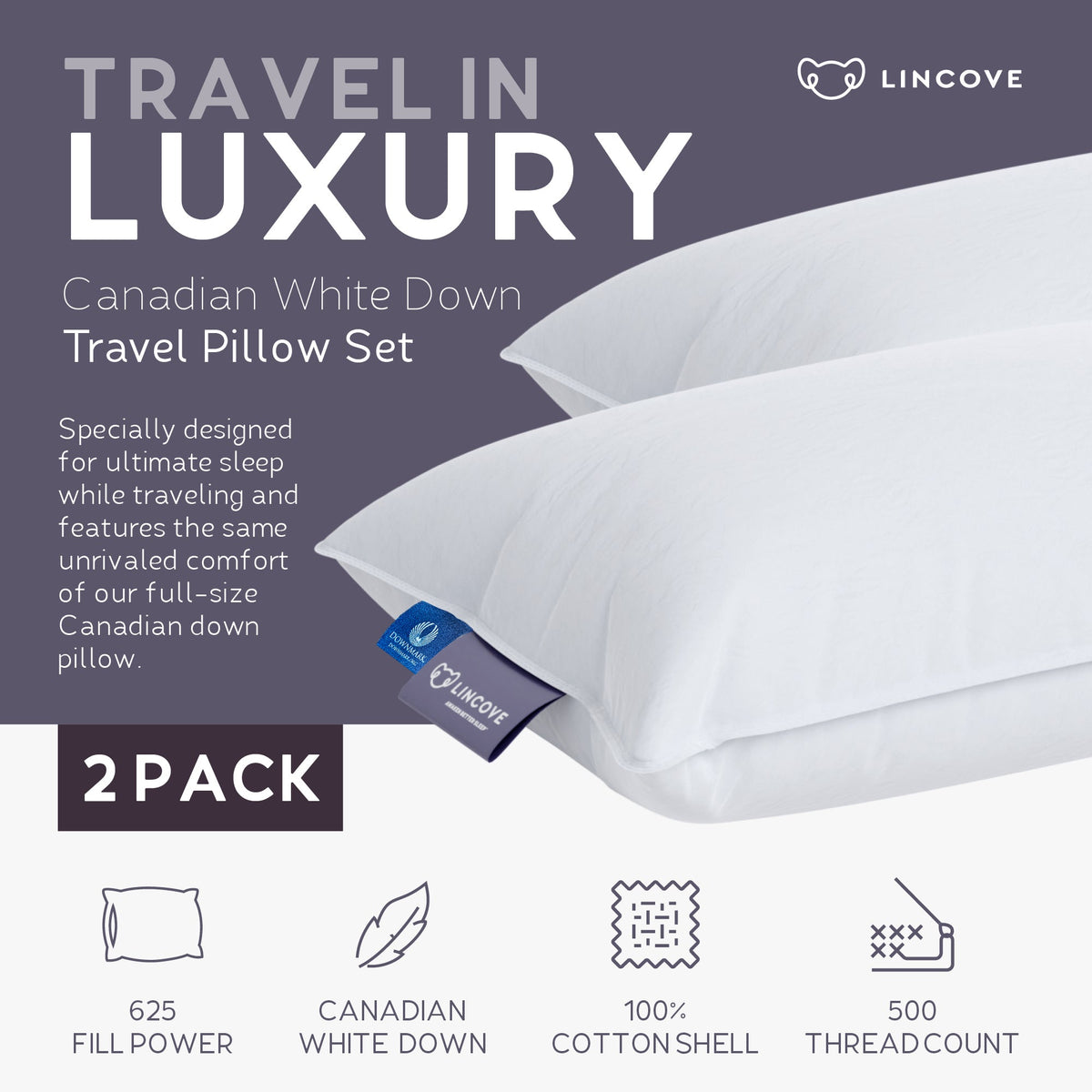 Down and Feather Travel Pillow, Set of 2 - Made In Canada