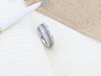 LANNISTER Men’s Tungsten Flat Wedding Band with Steel Wire Cable Inlay & Beveled Edges - 8mm