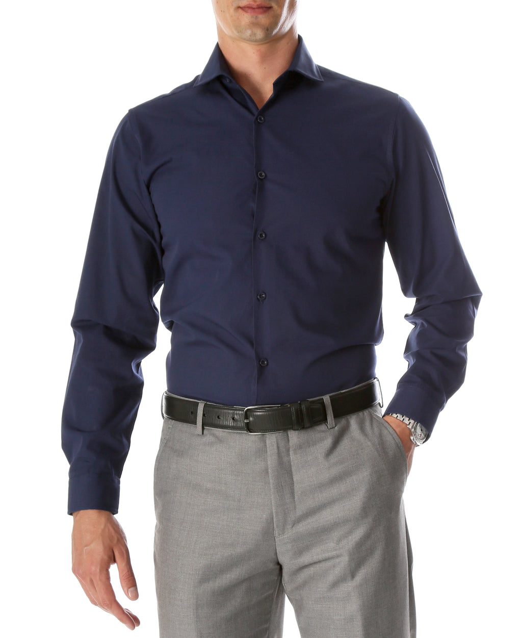 Leo Mens Navy Slim Fit Cotton Dress Shirt