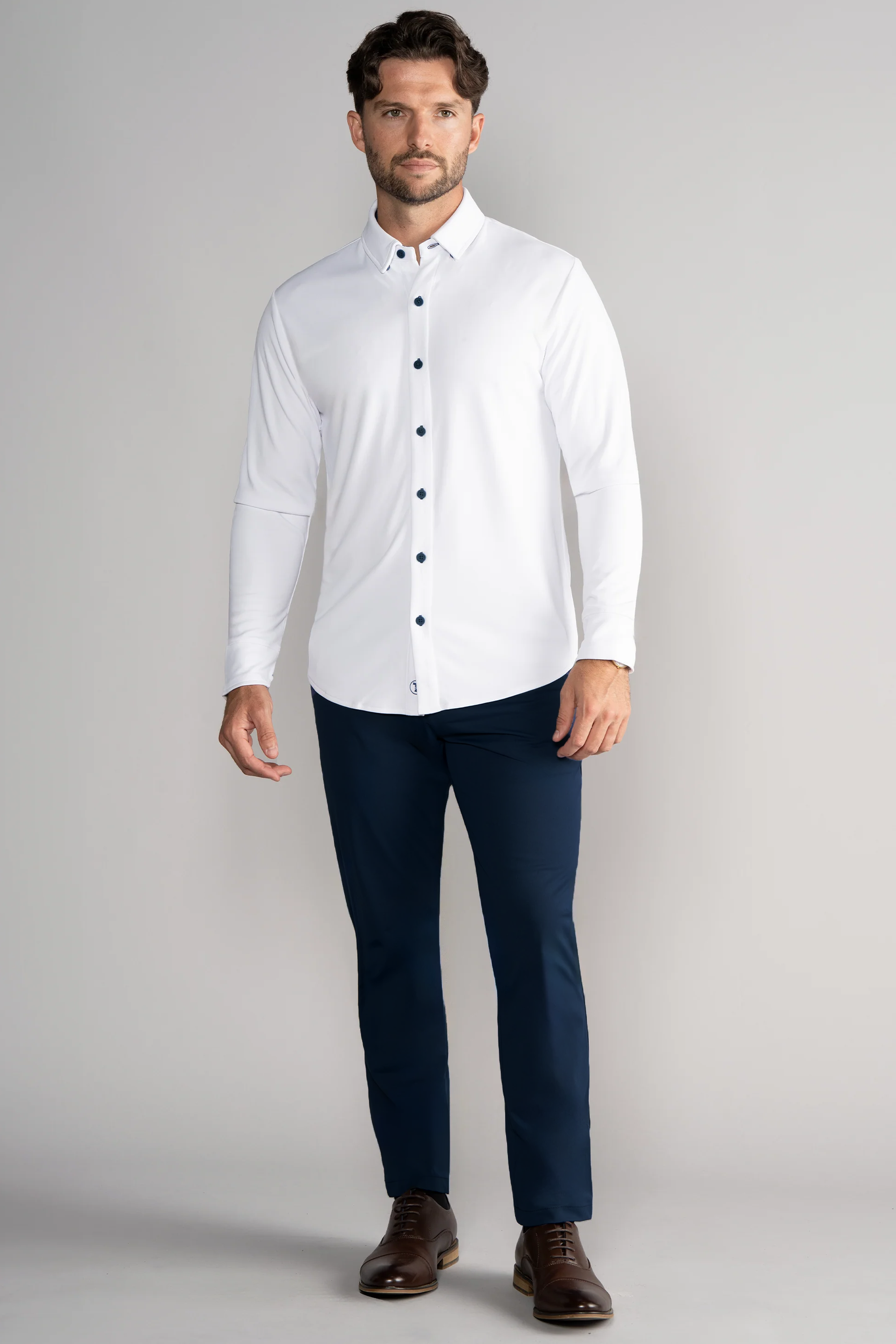 Long Sleeve Button Down Polo Contrast // White Navy