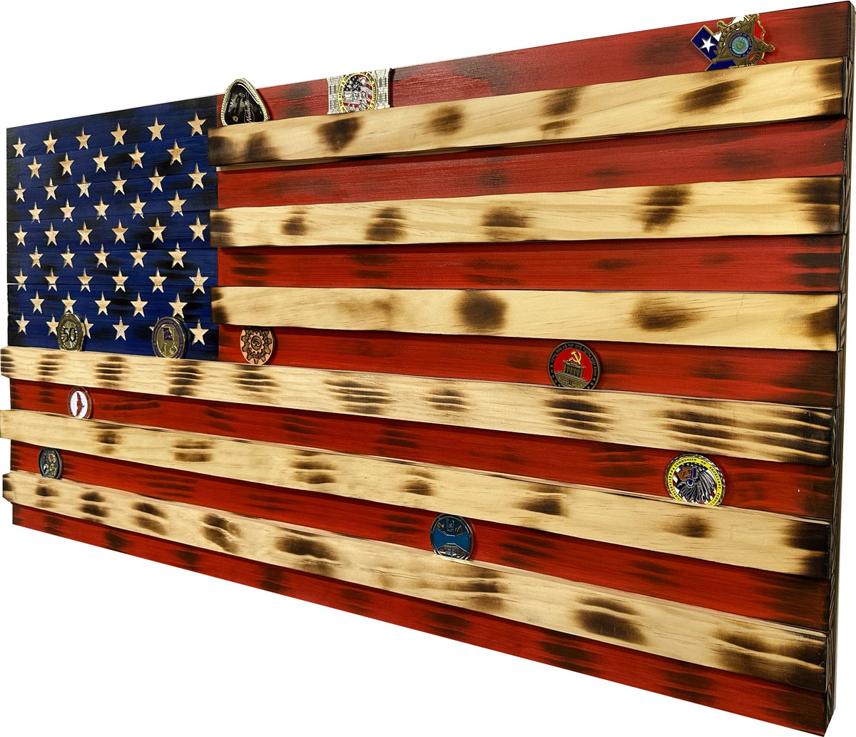 American Flag Challenge Coin Display with Hidden Gun Storage – Holds 100 Coins