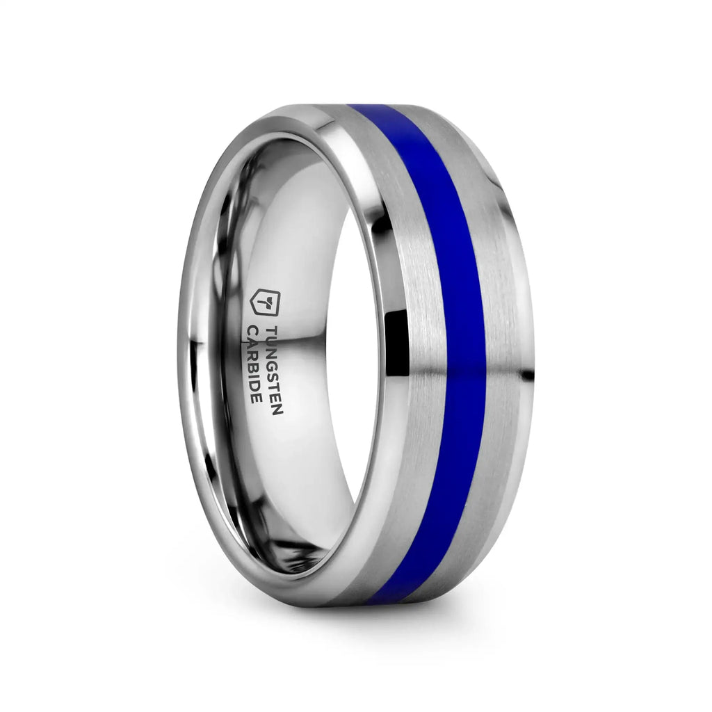 LAWSON Men’s Beveled Edges White Tungsten Brushed Finish Wedding Ring with Blue Stripe - 8mm