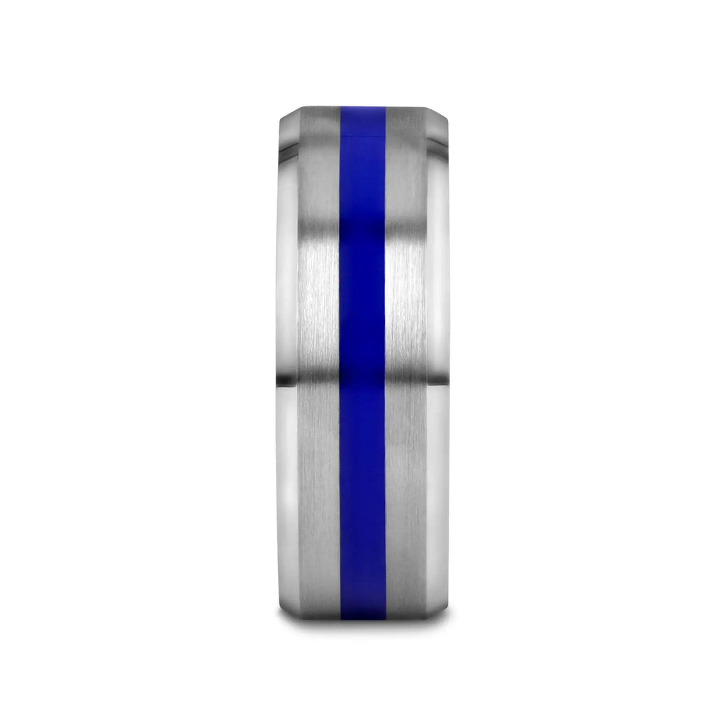 LAWSON Men’s Beveled Edges White Tungsten Brushed Finish Wedding Ring with Blue Stripe - 8mm