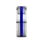 LAWSON Men’s Beveled Edges White Tungsten Brushed Finish Wedding Ring with Blue Stripe - 8mm