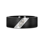 LIAM 8mm Flat Black Satin Tungsten Carbide Wedding Band with Diagonal Diamonds in Stainless Steel
