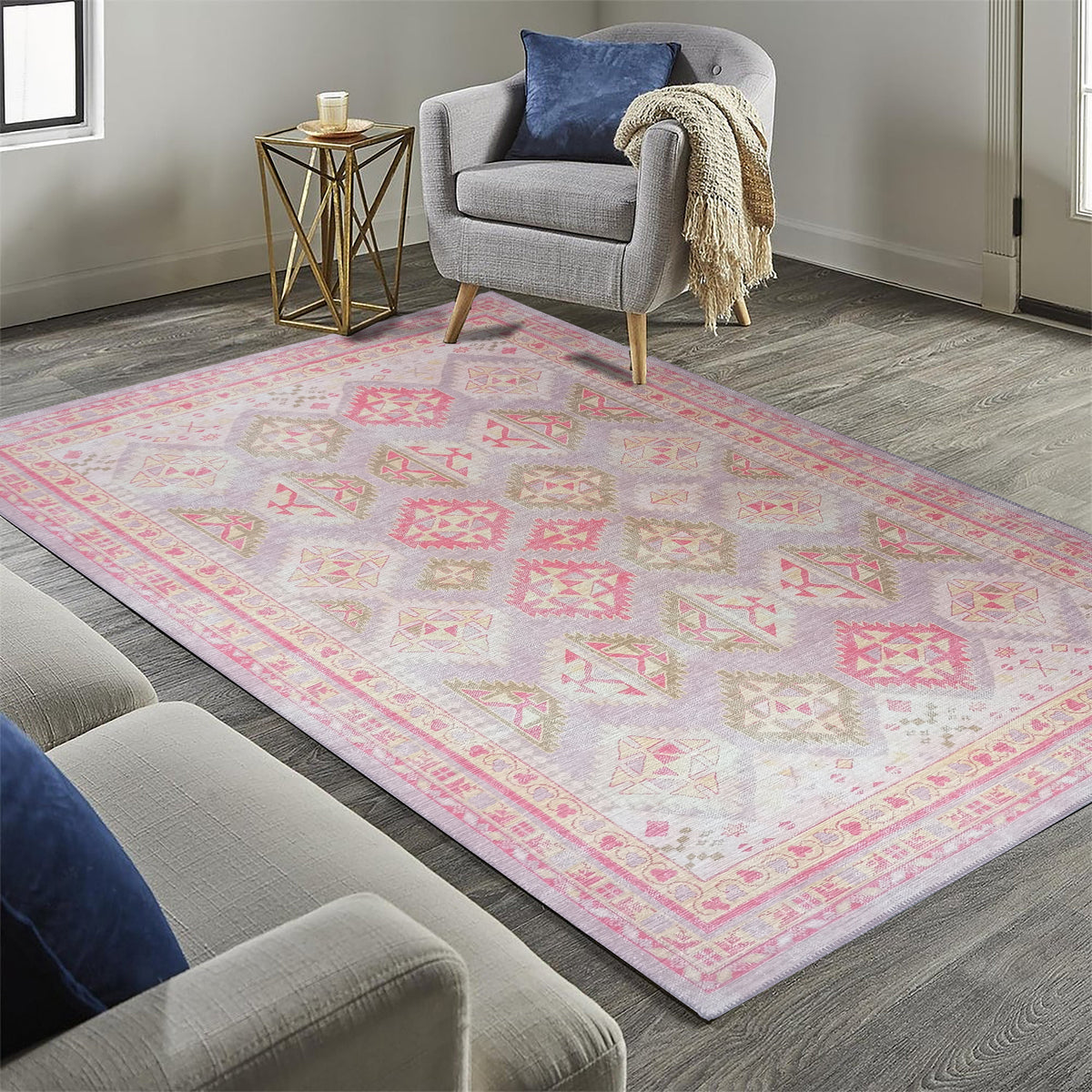Lilac Purple Pink Herki Vintage Rug