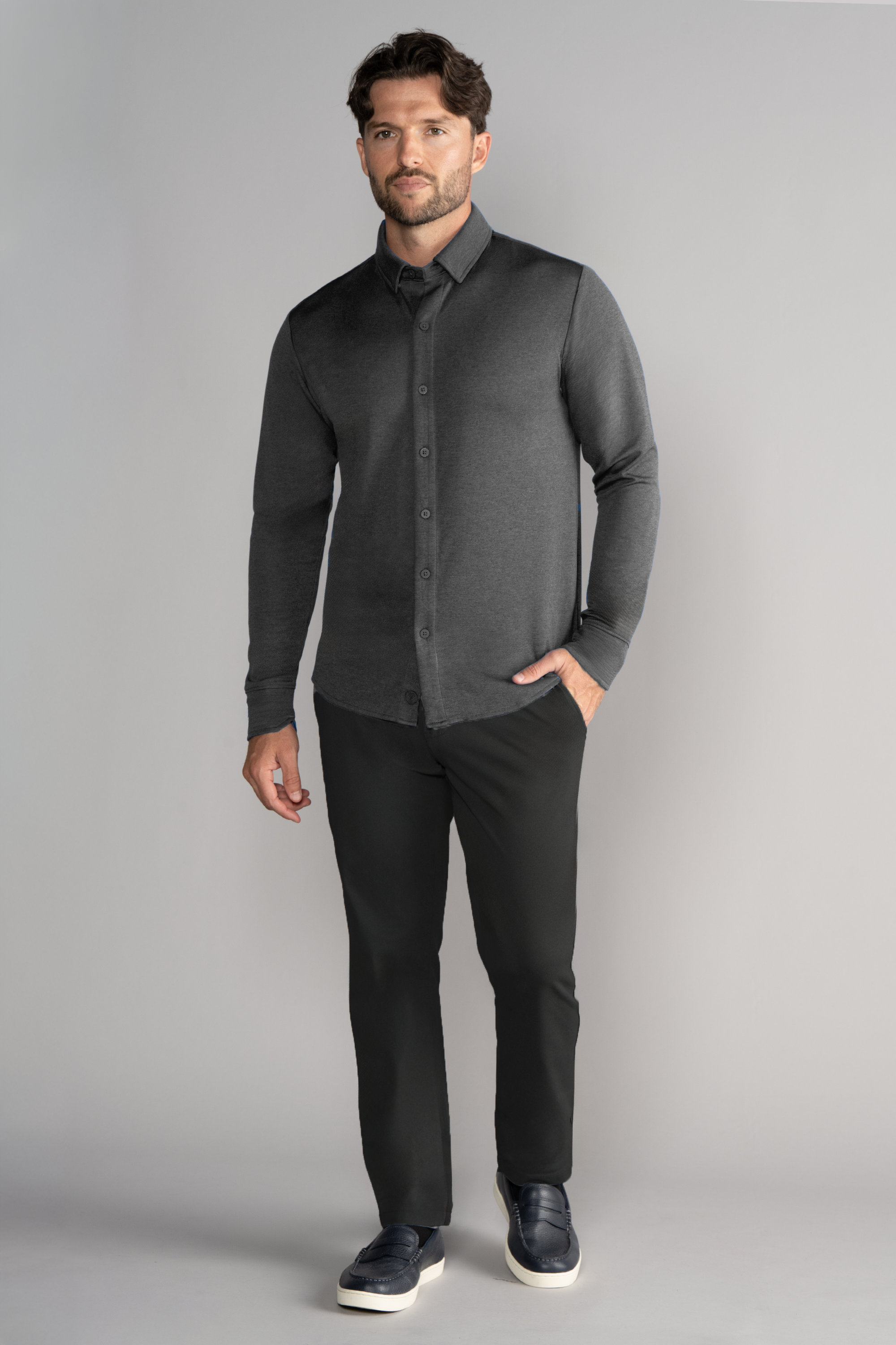Long Sleeve Button Down Polo Solid // Charcoal