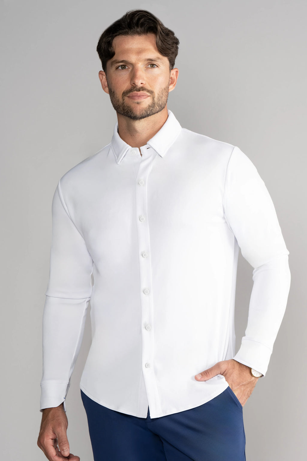 Long Sleeve Button Down Polo Solid // White