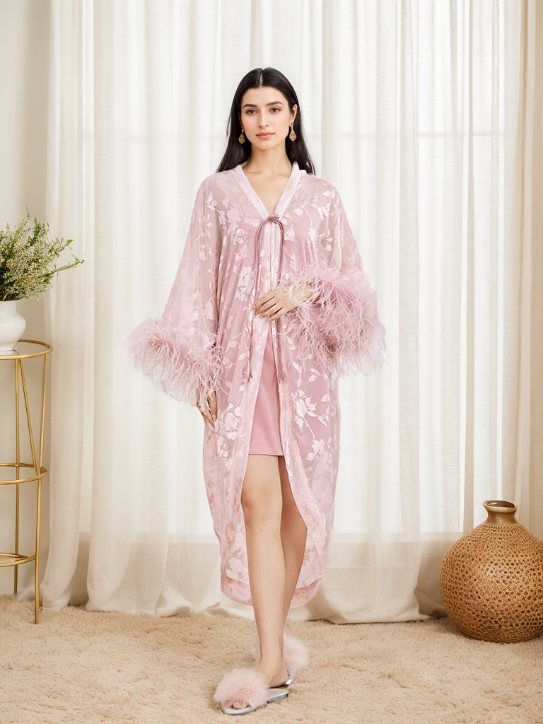 Luxurious Sequin Embroidered Lace Ostrich Feather Robe Set – Blush Pink Elegance