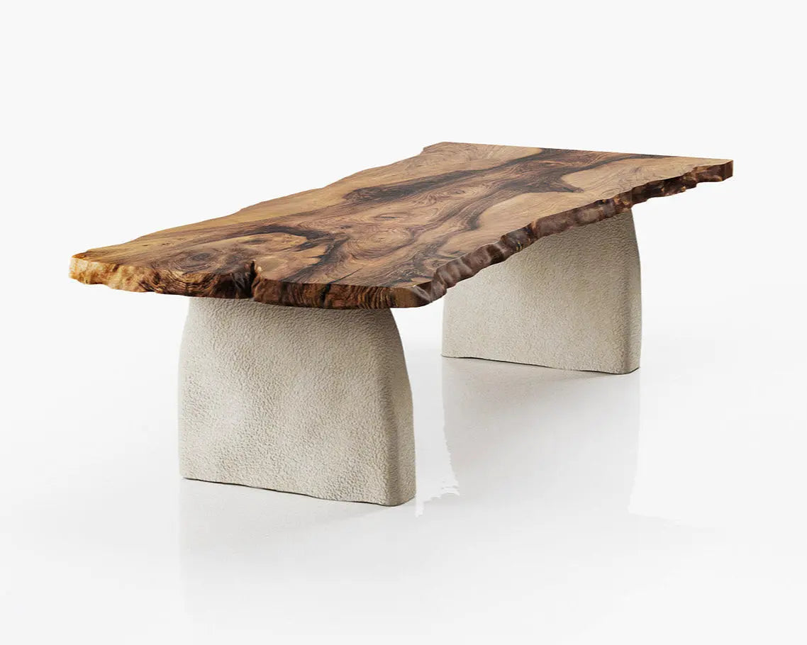 Wabi Sabi Style Luxury Solid Wood Walnut Table with Stone Inspired Legs