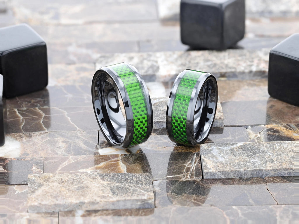 MATLAL Beveled Black Ceramic Ring with Emerald Green Carbon Fiber Inlay - 8mm