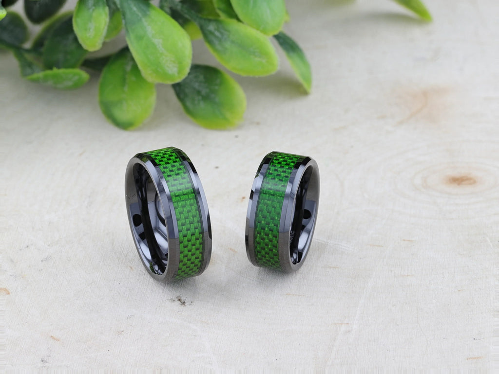 MATLAL Beveled Black Ceramic Ring with Emerald Green Carbon Fiber Inlay - 8mm