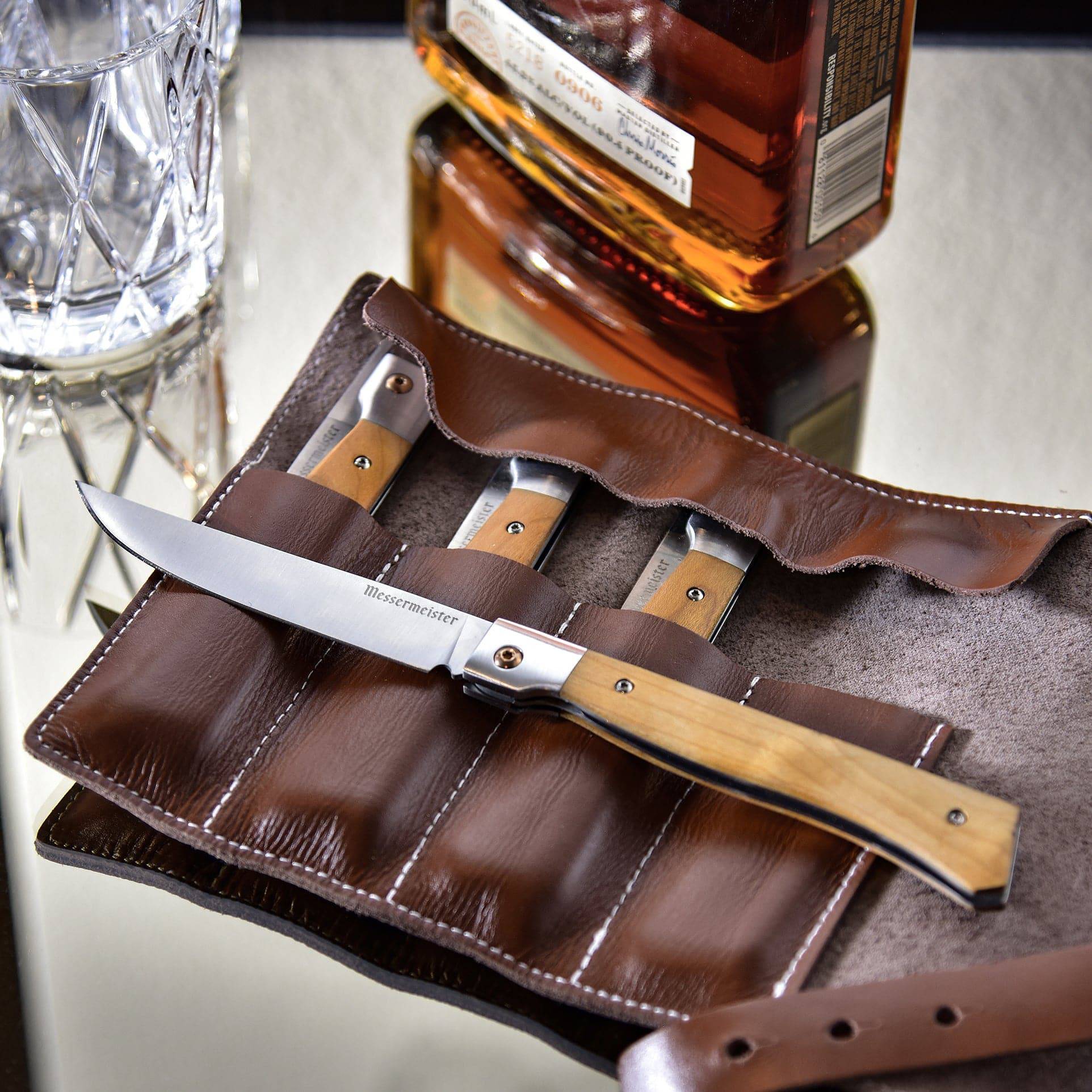 Folding Steak Knife Set in Leather Roll - 4 Piece