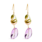 14K Yellow Gold Amethyst and Baroque Pearl Drop and Dangle Earrings 2" Inch Dangle Length