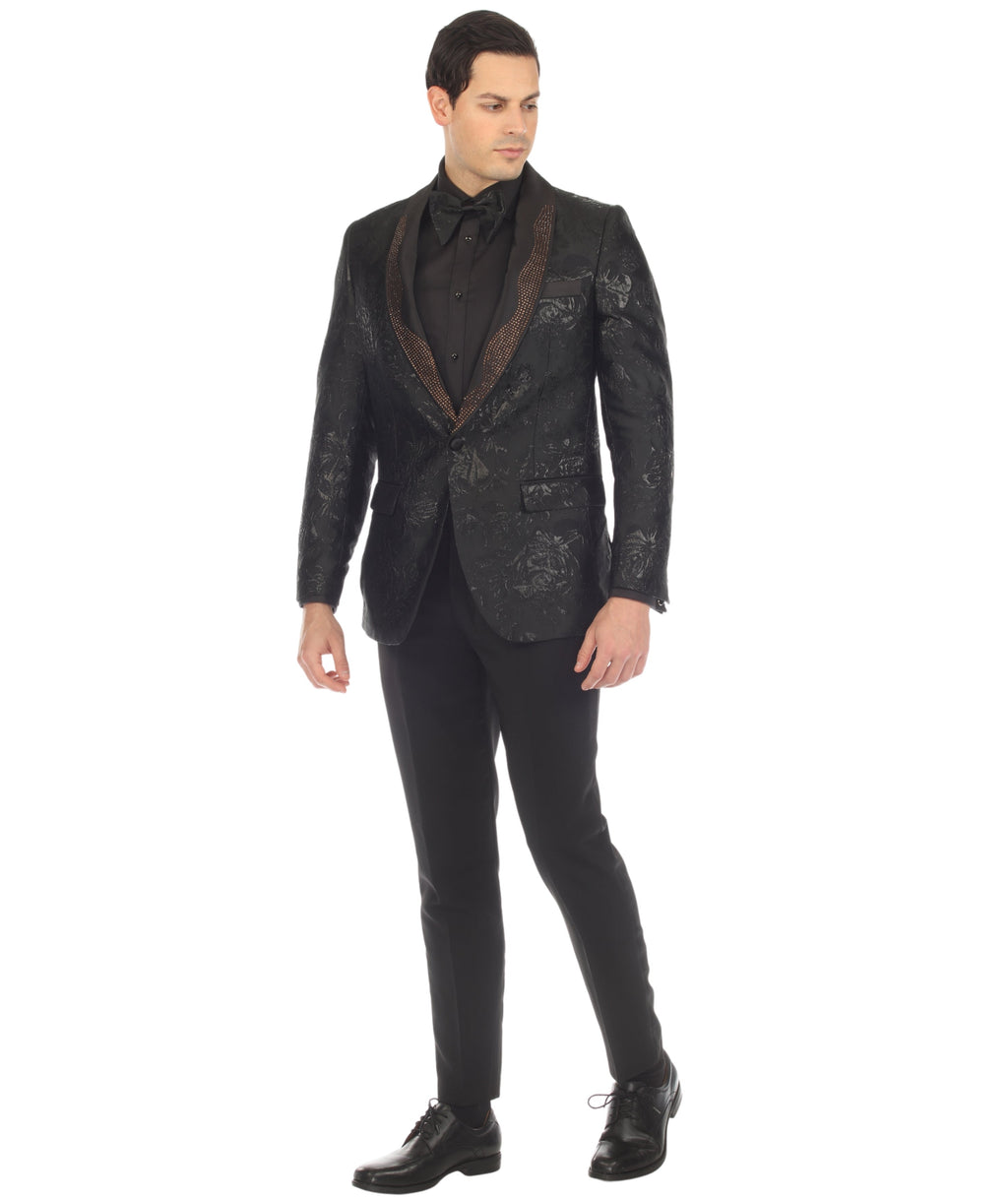Men's Midnight Black Shawl Collar Tuxedo 1 Button 2 Vent Slim Fit Blazer