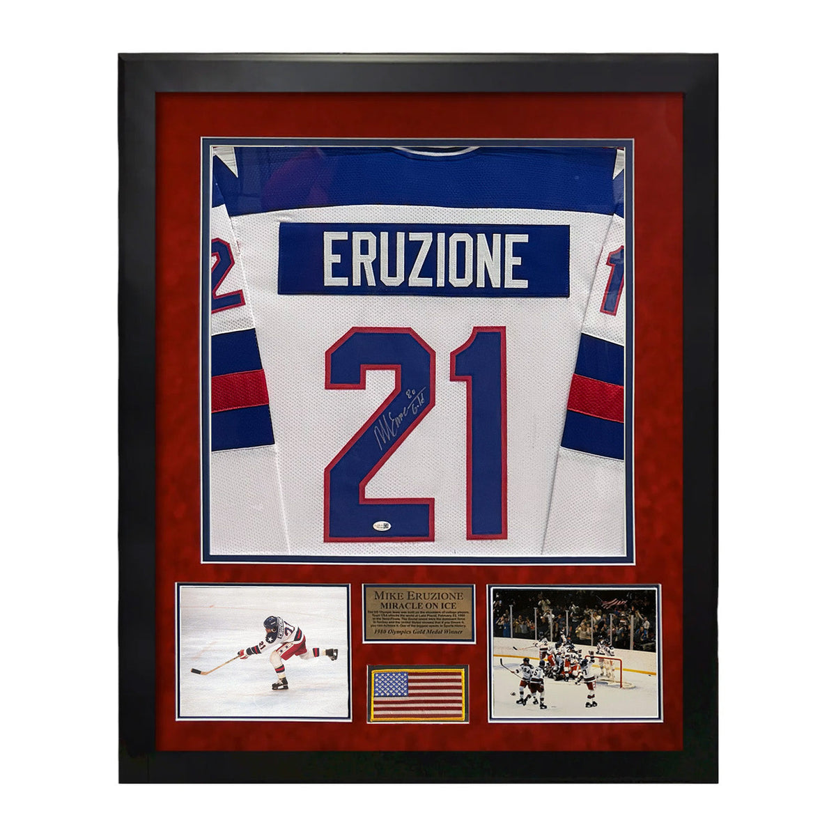 Mike Eruzione USA Hockey Autographed Jersey w/ 80 Gold Inscription Framed to 32x40 JSA