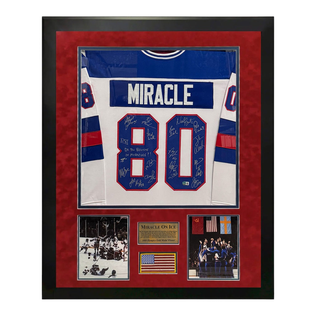Miracle On Ice 1980 Olympic USA Hockey Team Autographed Jersey Framed To 32x40 Beckett