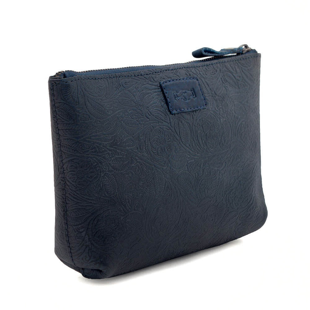 Tooled Leather Large Zippered Pouch