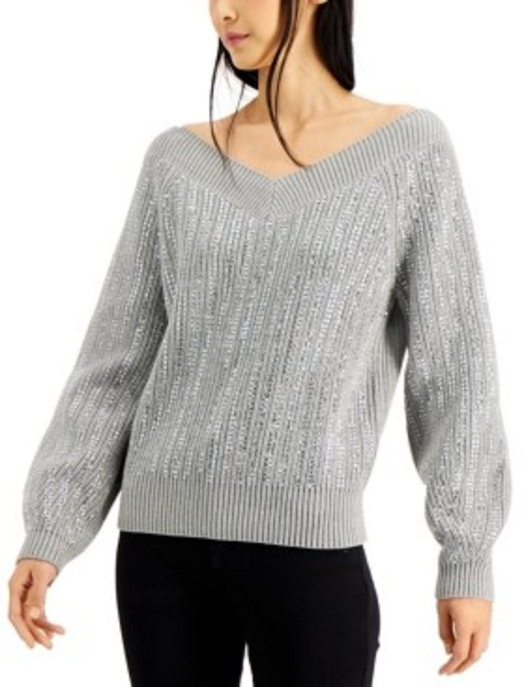 INC International Concepts Women's Embellished Sweater Charcoal Size Large