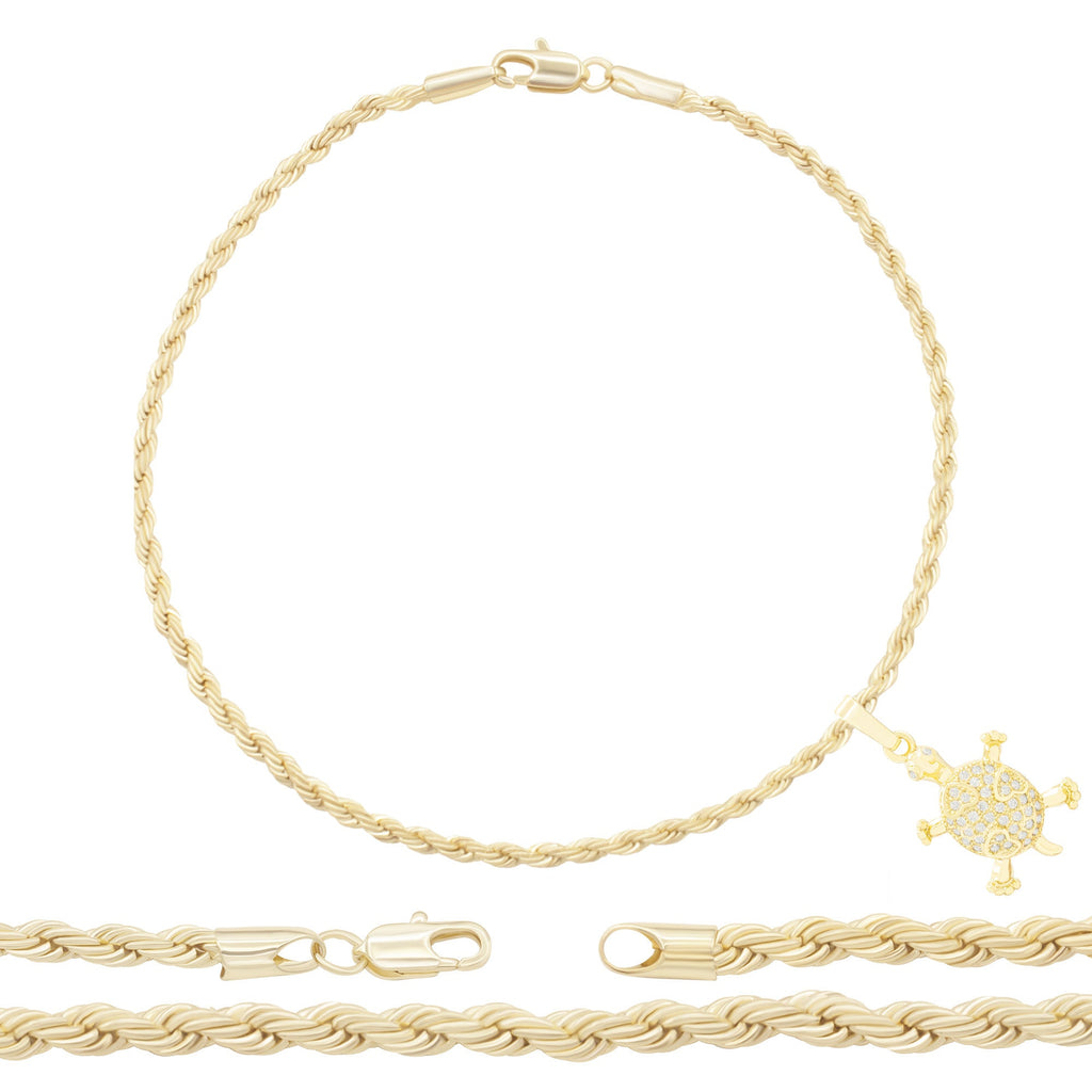 Turtle Pendant 14K Anklet Gold Filled Cubic Zirconia Charm Rope Chain Set 10" WomenJewelry