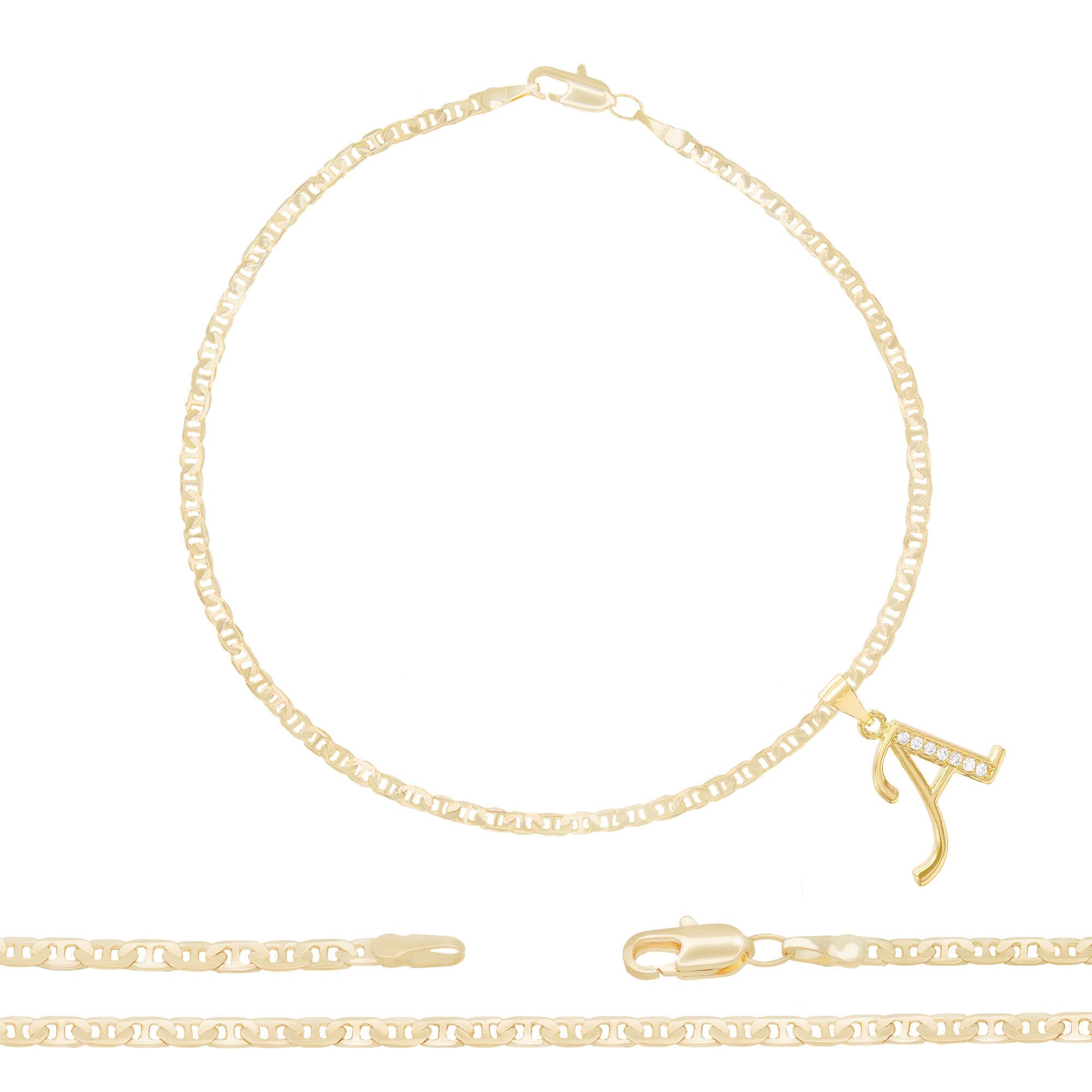 A-Z Initial Letter Pendant 14K Gold Filled Cubic Zirconia Mariner Chain Anklet 10" Set 3 mm  Women Jewelry