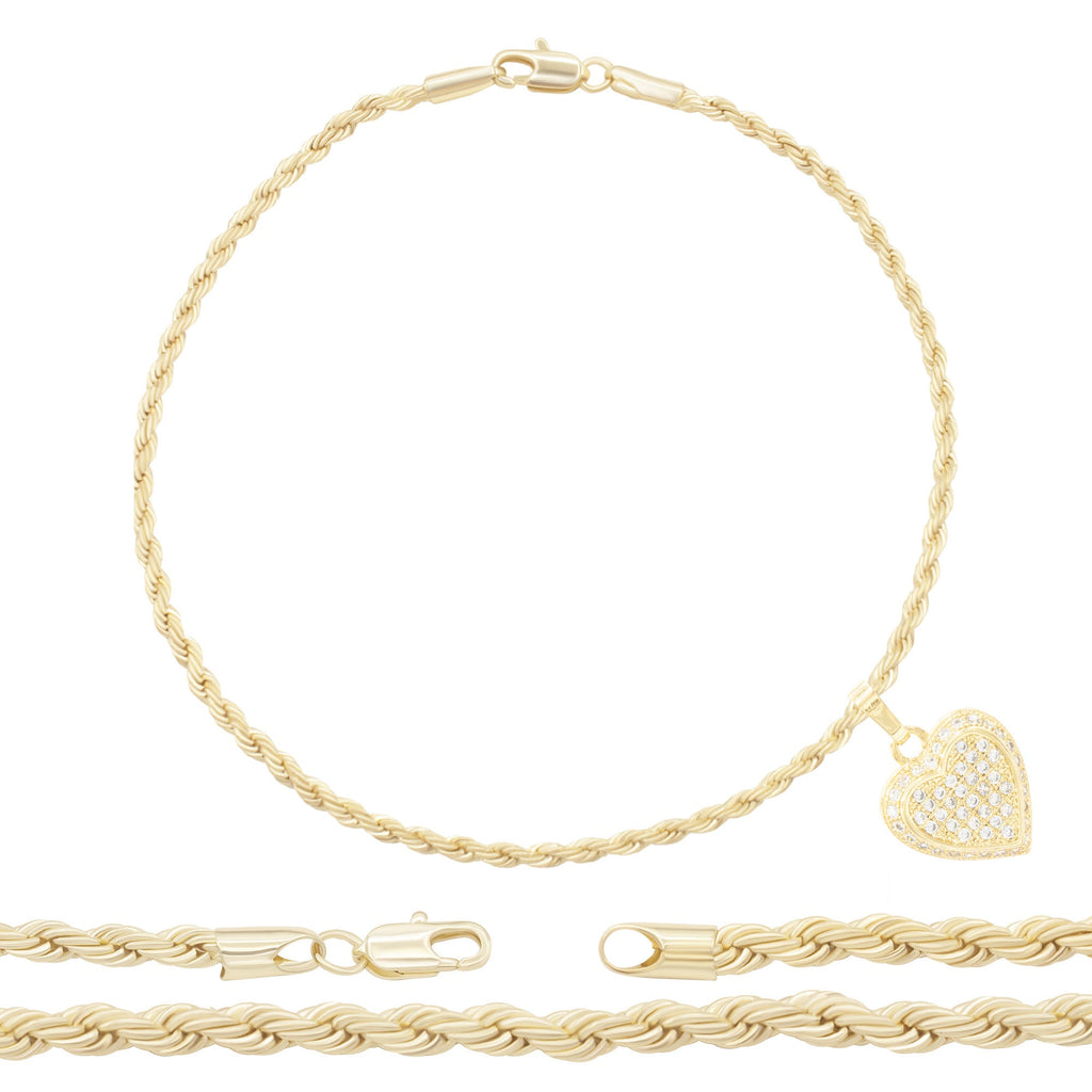CZ Heart Charm 14K Gold Filled Rope Anklet 10" Chain Women Jewelry
