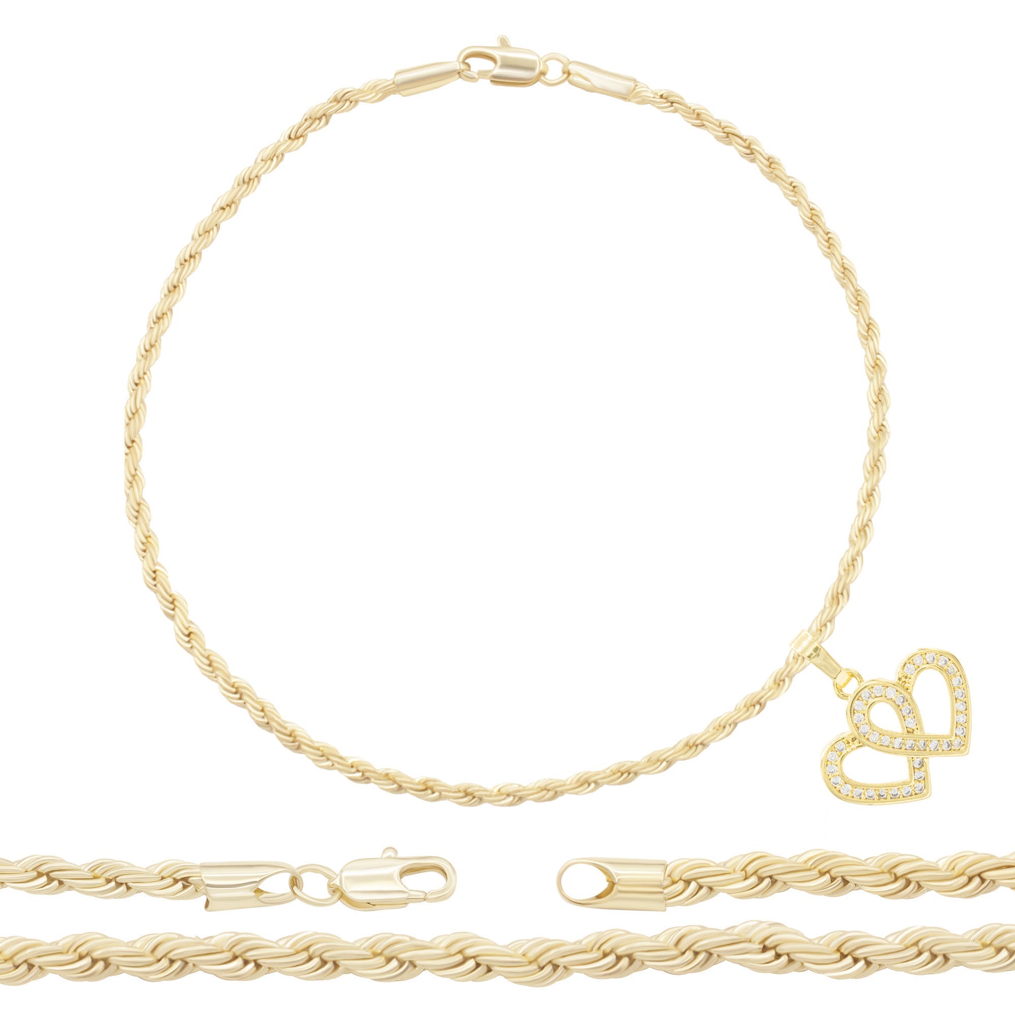 CZ Heart Charm 14K Gold Filled Rope Anklet 10" Chain Women Jewelry