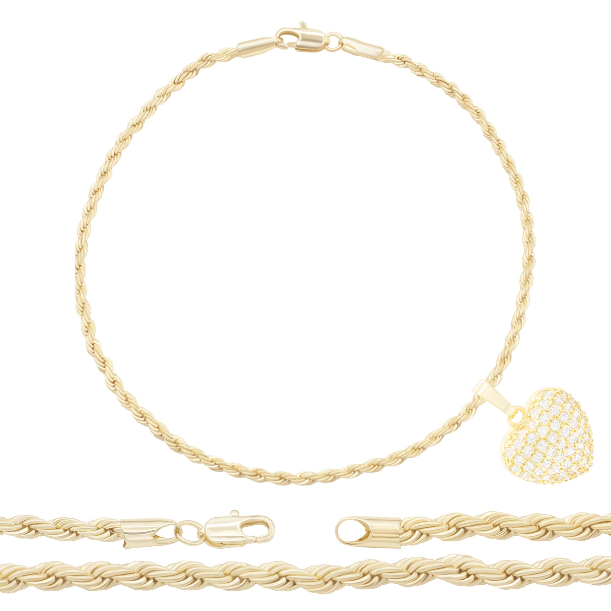 CZ Heart Charm 14K Gold Filled Rope Anklet 10" Chain Women Jewelry
