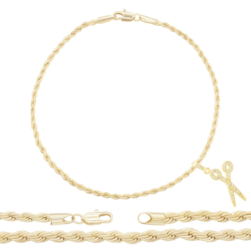 Scissors Pendant 14K Anklet Gold Filled Cubic Zirconia Charm Rope Chain Set 10" Women Jewelry