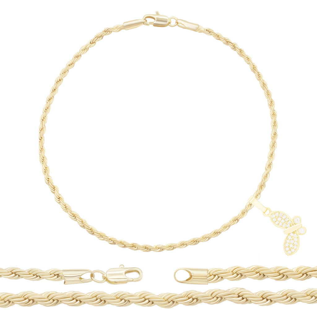 Butterfly Pendant 14K Anklet Gold Filled Cubic Zirconia Charm Rope Chain Set 10" Women Jewelry