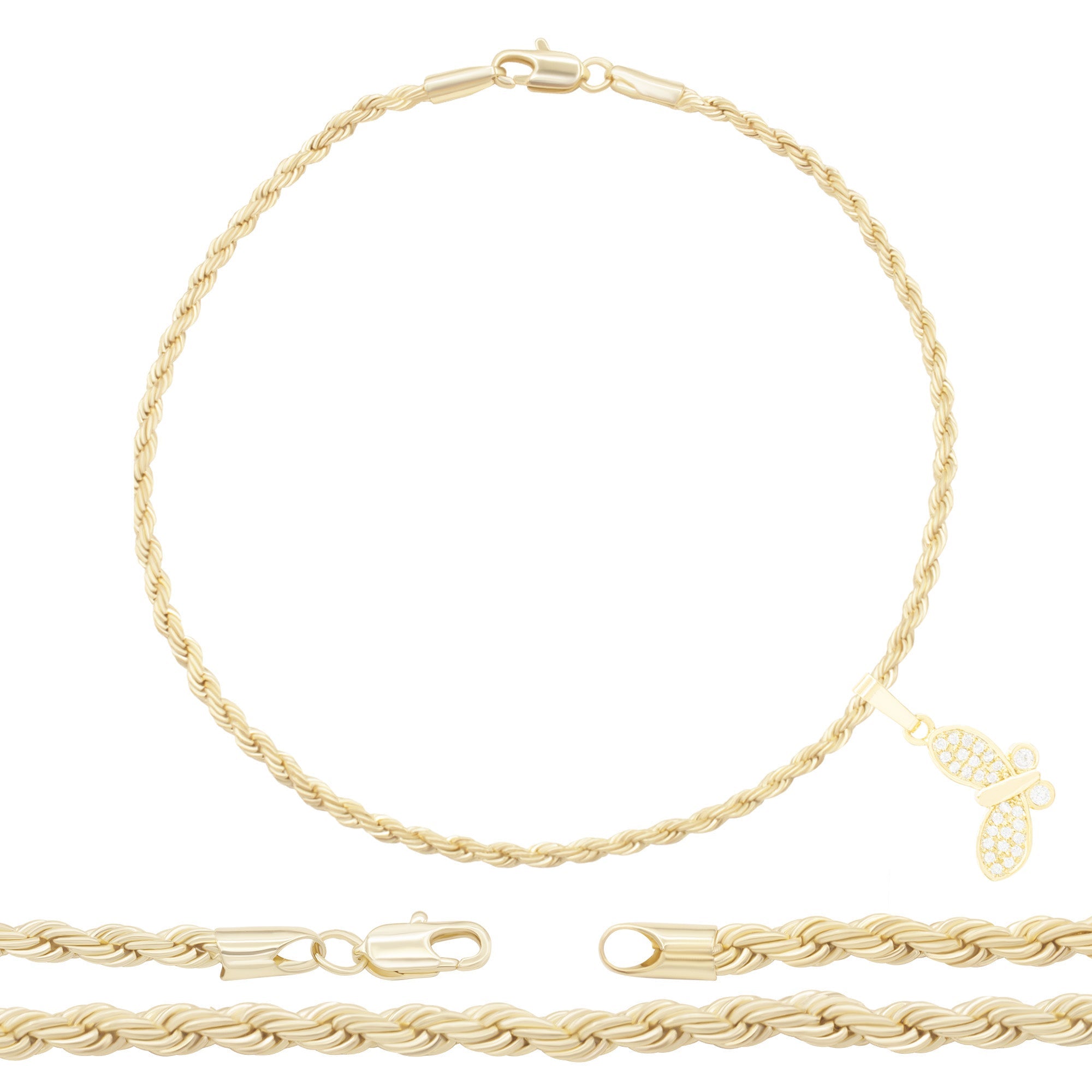 Butterfly Pendant 14K Anklet Gold Filled Cubic Zirconia Charm Rope Chain Set 10" Women Jewelry