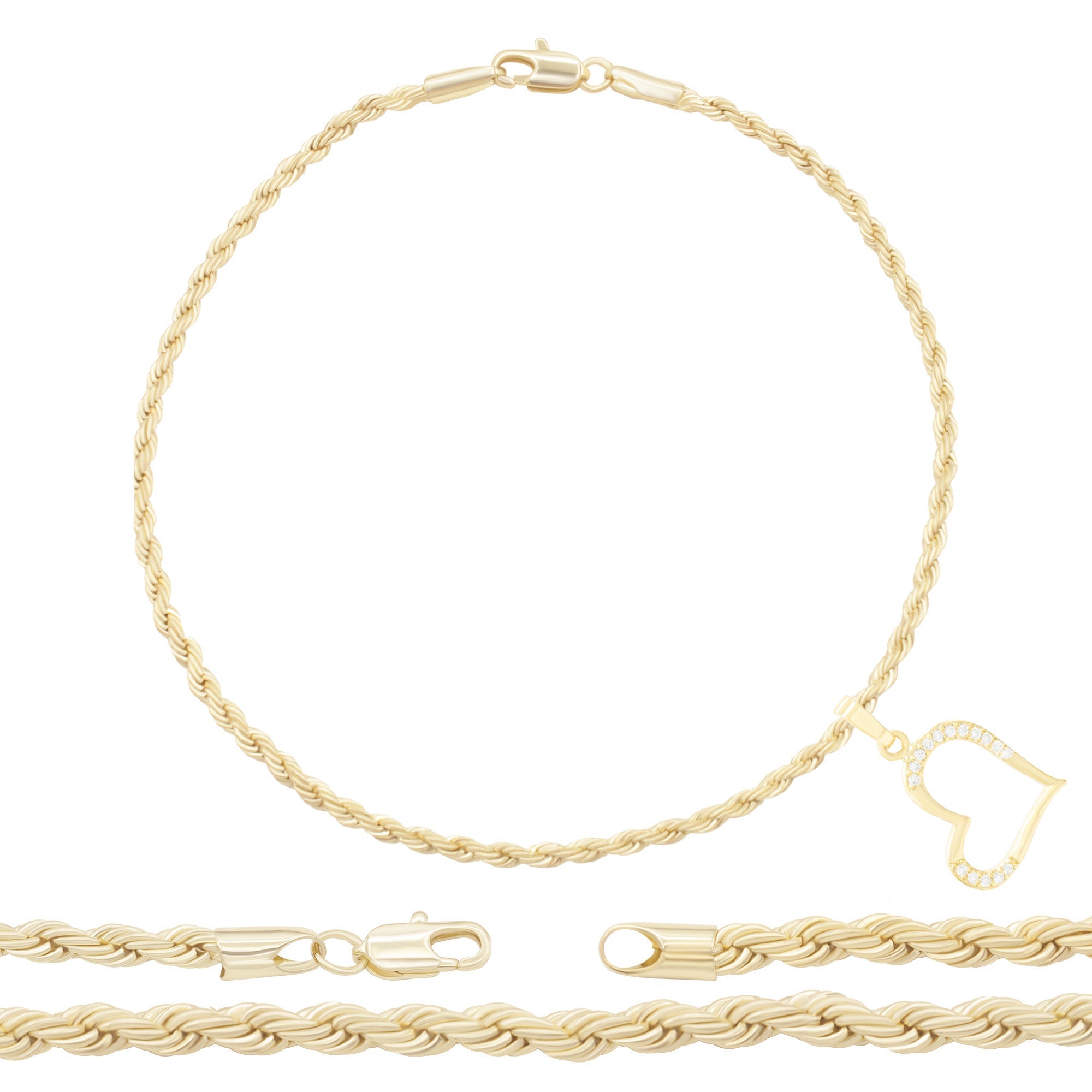 CZ Heart Charm 14K Gold Filled Rope Anklet 10" Chain Women Jewelry
