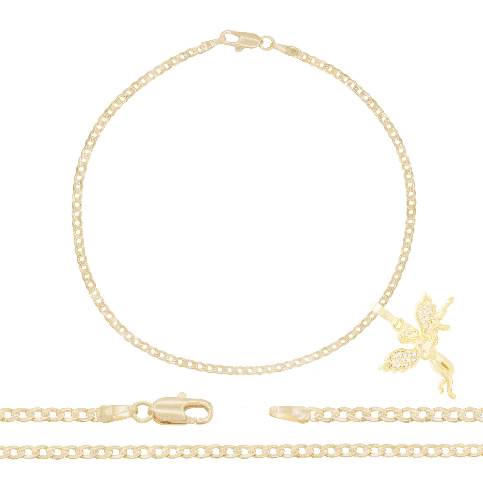 Guardian Angel Pendant 14K Gold Filled Cubic Zirconia Anklet 10" Set 2.5 mmWomen Jewelry