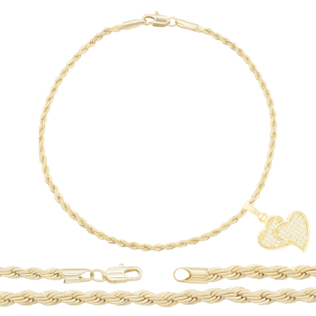 CZ Heart Charm 14K Gold Filled Rope Anklet 10" Chain Women Jewelry