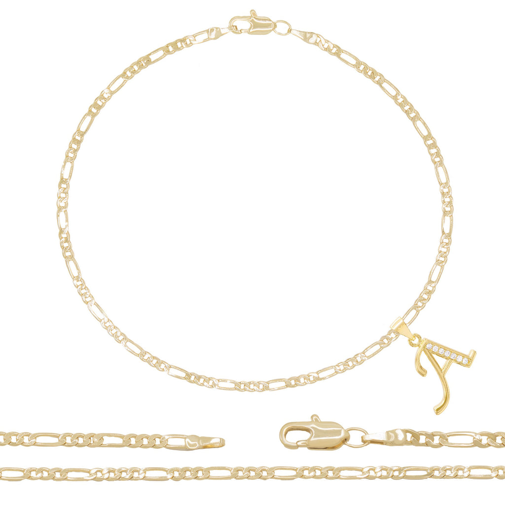 A-Z Initial Letter Pendant 14K Gold Filled Cubic Zirconia Figaro Chain Anklet 10" Set 2.4 mm  Women Jewelry