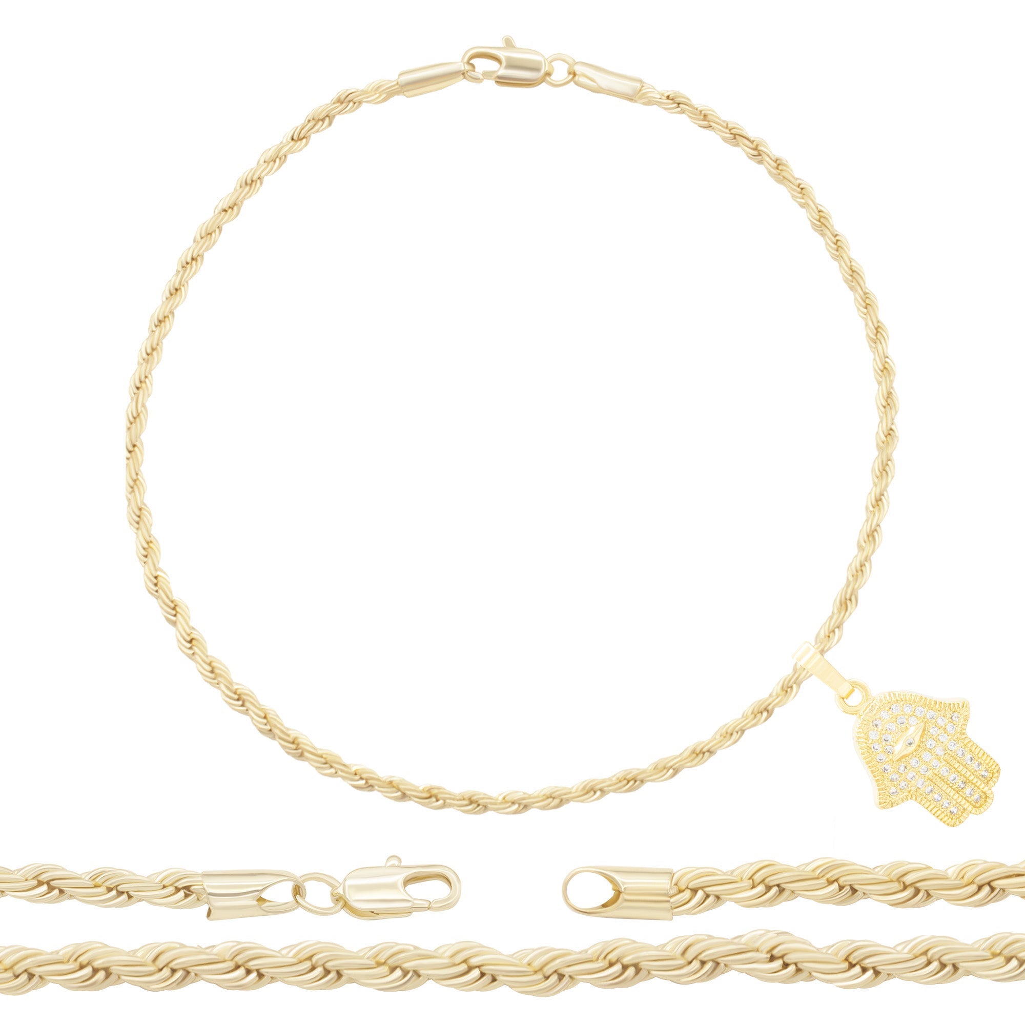 Hamsa Hand Pendant 14K Anklet Gold Filled Cubic Zirconia Charm Rope Chain Set 10" Women Jewelry