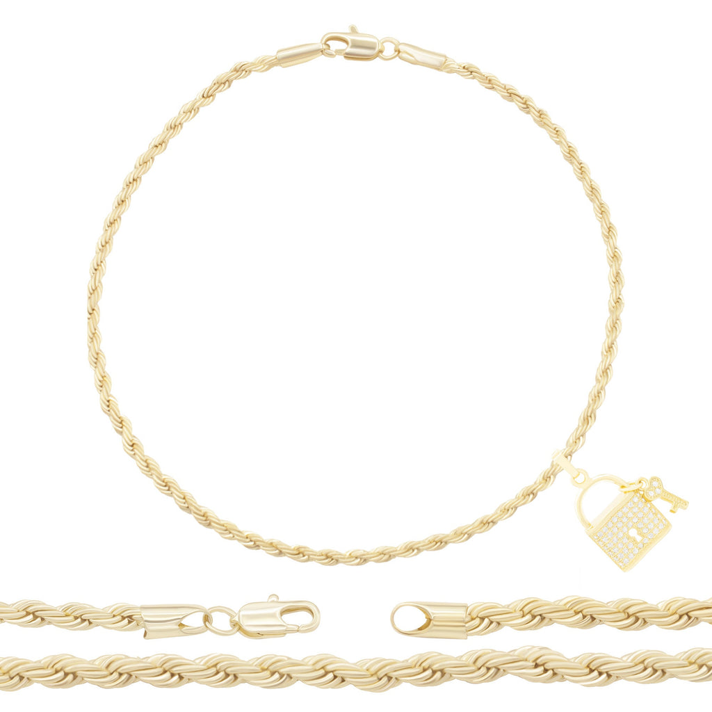 Lock Pendant 14K Anklet Gold Filled Cubic Zirconia Charm Rope Chain Set 10" Women Jewelry