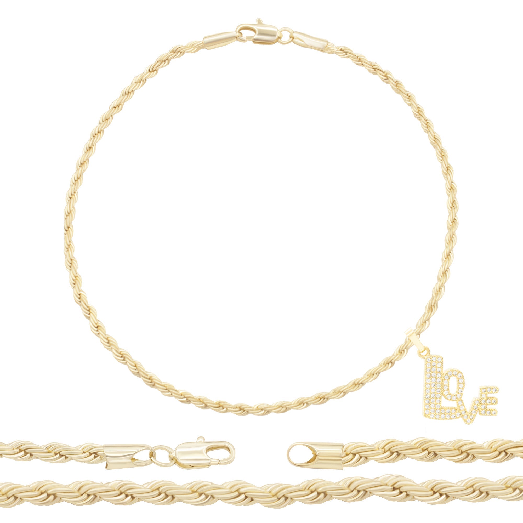 Love Pendant 14K Anklet Gold Filled Cubic Zirconia Charm Rope Chain Set 10" Women Jewelry