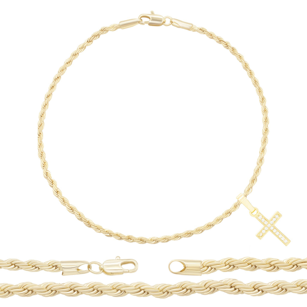 Cross Pendant 14K Anklet Gold Filled Cubic Zirconia Charm Rope Chain Set 10" Women Jewelry