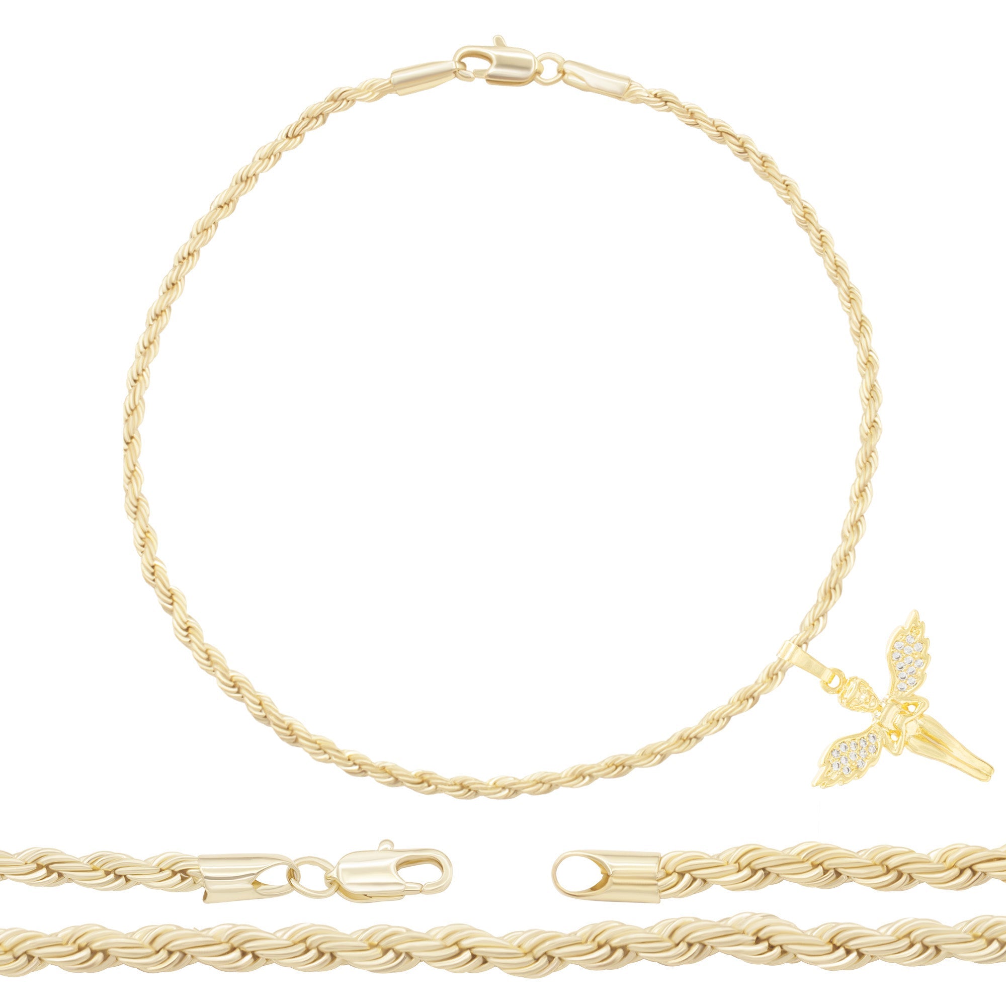 CZ Angel Pendant 14K Anklet Bracelet Gold Filled Cubic Zirconia Charm Rope Foot Chain Set 10" Women Girl Teen