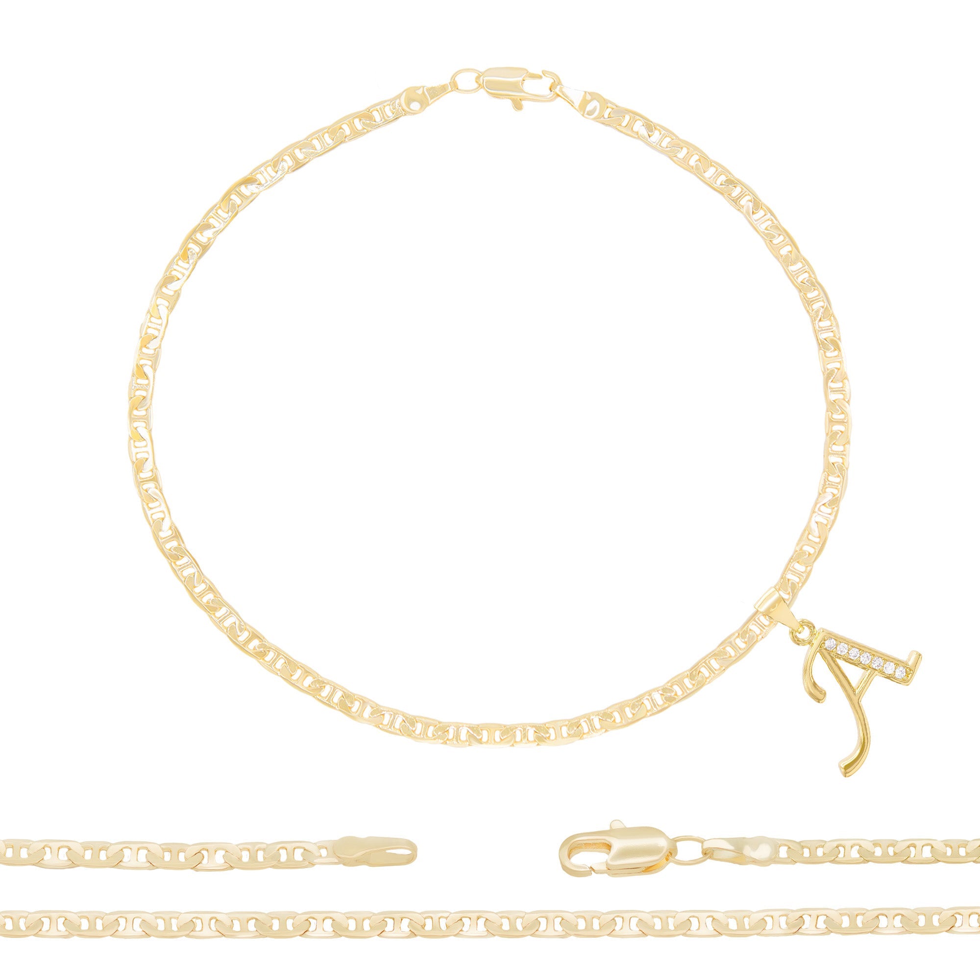 A-Z Initial Letter Pendant 14K Gold Filled Cubic Zirconia Mariner Chain Anklet 10" Set 3.2 mm  Women Jewelry