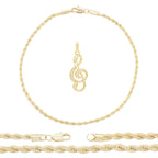 Music Note Pendant 14K Anklet Gold Filled Cubic Zirconia Charm Rope Chain Set 10" Women Jewelry